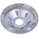 Image-of-a-Silver-segmented-diamond-grinding-cup-wheel-with-a-concave-center-and-multiple-ventilation-holes-designed-for-smooth-material-removal-The-wheel-has-a-105mm-diameter-marking-with-a-50/60-grit-range-suitable-for-use-on-angle-grinders-or-polishers