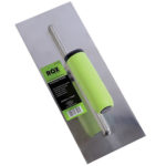 Image-of-a-ROX-stainless-steel-finishing-trowel-with-a-green-and-black-handle-labeled-as-a-contractor-range-tool-measuring-290mm-in-length