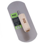 Image-of-the-ROX-high-carbon-steel-pool-trowel-with-rounded-edges-and-a-wooden-handle-labeled-ROX-Contractor-Range-measuring-290mm-x-115mm