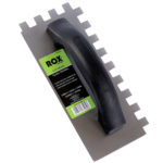 Image-of-a-notched-tiling-trowel-with-a-black-plastic-soft-grip-handle-and-a-stainless-steel-blade-the-blade-is-rectangular-with-serrated-edges-and-a-green-and-black-ROX-brand-label-is-attached-to-the-blade-indicating-the-dimensions-as-225mm-x-100mm-with-12mm-x-12mm-notches