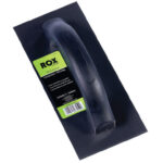 Image-of-a-finishing-trowel-with-a-black-handle-and-a-rectangular-steel-blade-packaged-with-a-green-and-black-label-reading-"ROX-Eco-Range-Finishing-Trowel-230mm-x-100mm"-The-trowel-is-designed-for-high-coverage-plaster-application-and-features-a-contoured-rubber-handle-for-comfort