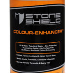 Image-of-a-5-litre-can-of-Stoneshield-Colour-Enhancer-a-penetrating-oil-and-water-repellent-sealer-designed-for-maximum-colour-enhancement-without-surface-film-or-sheen-Suitable-for-polished-flamed-leathered-and-honed-natural-stone-including-marble-granite-travertine-limestone-quartzite-terracotta-and-quarry-tiles-The-label-is-black-with-orange-and-silver-text-and-the-product-can-cover-up-to-100-square-meters