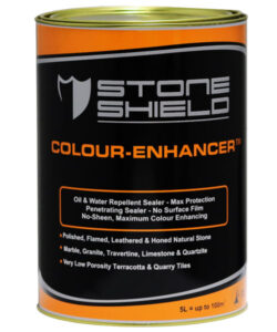 Image-of-a-5-litre-can-of-Stoneshield-Colour-Enhancer-a-penetrating-oil-and-water-repellent-sealer-designed-for-maximum-colour-enhancement-without-surface-film-or-sheen-Suitable-for-polished-flamed-leathered-and-honed-natural-stone-including-marble-granite-travertine-limestone-quartzite-terracotta-and-quarry-tiles-The-label-is-black-with-orange-and-silver-text-and-the-product-can-cover-up-to-100-square-meters