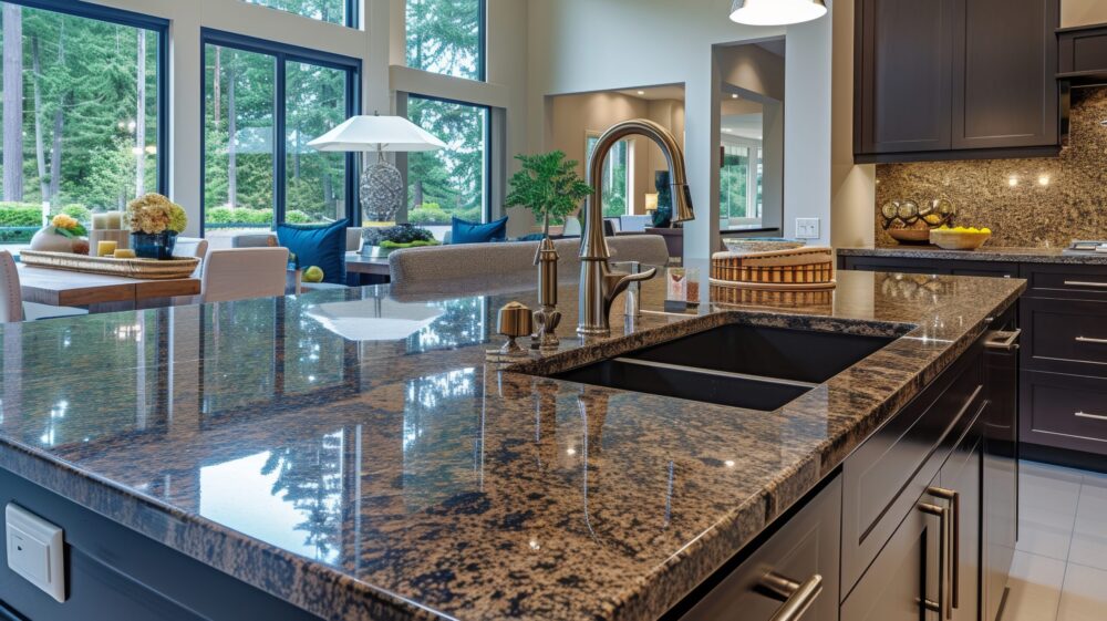 A shining granite kitchen countertop.
