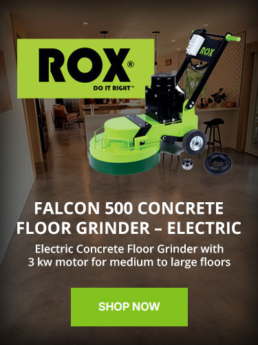 Promotional-image-of-a-bright-green-ROX-Falcon-500-electric-concrete-floor-grinder-displayed-in-a-modern-interior-featuring-a-3-kW-motor-for-medium-to-large-floors-with-Shop-Now-call-to-action-text